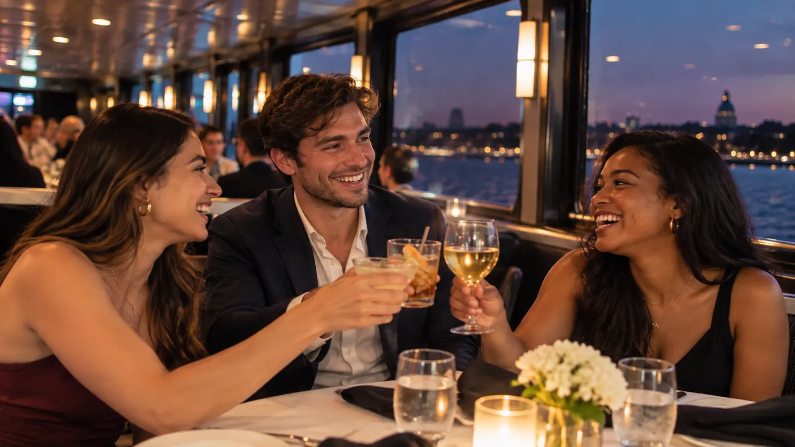 Friends toasting drinks at a dinner table on a Washington DC Potomac River evening cruise