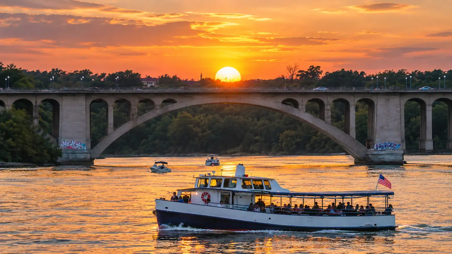 Washington DC sunset cruise boat on the Potomac River beneath Key Bridge